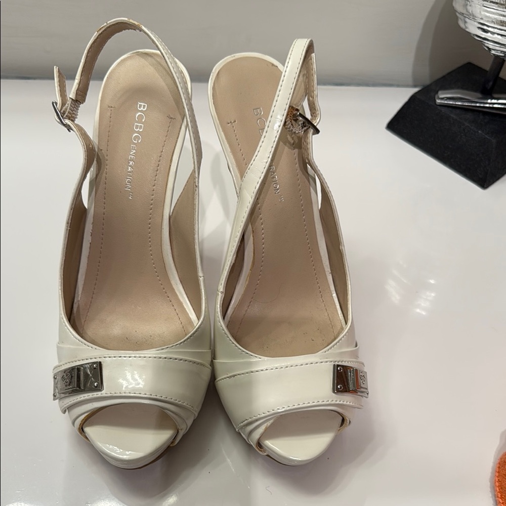 BCBG White Slingback Heels